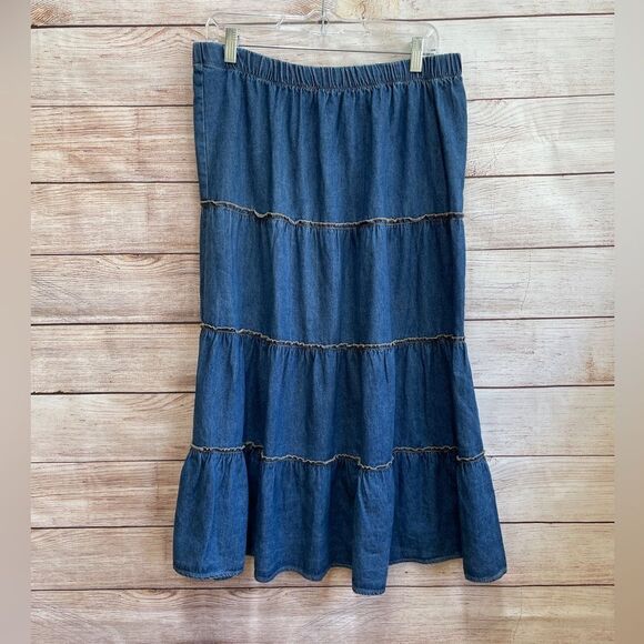VINTAGE JANE ASHLEY TIERED DENIM MAXI SKIRT - Picture 1 of 6